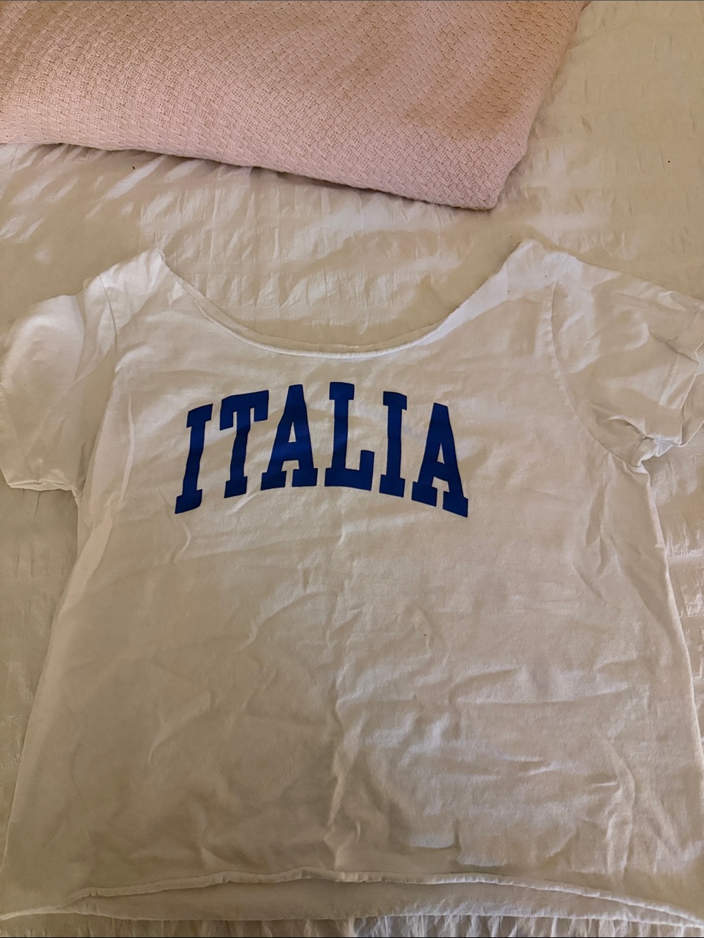 Brandy Melville White 'ITALIA' Graphic Tee with Blue Lettering
